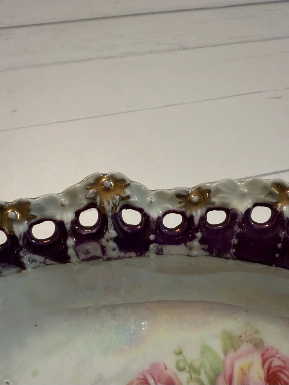 Porcelain Floral Serving Dish in Purple and White with Gold Accents Vintage
